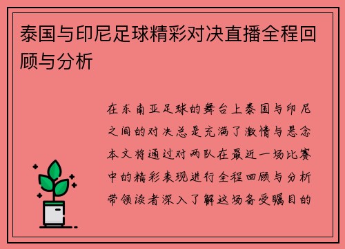 泰国与印尼足球精彩对决直播全程回顾与分析